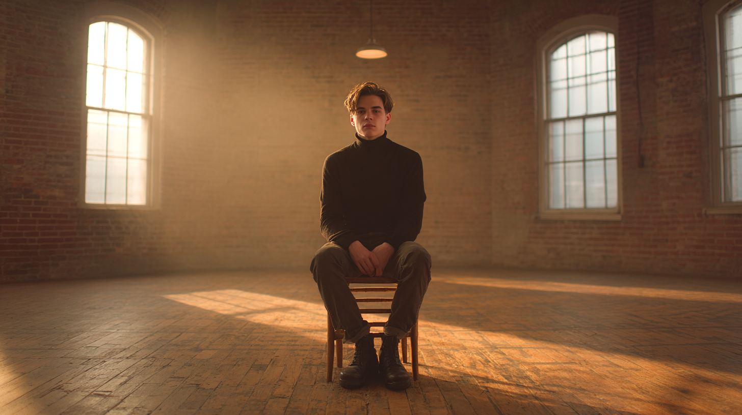A figure seated in a sunlit hall