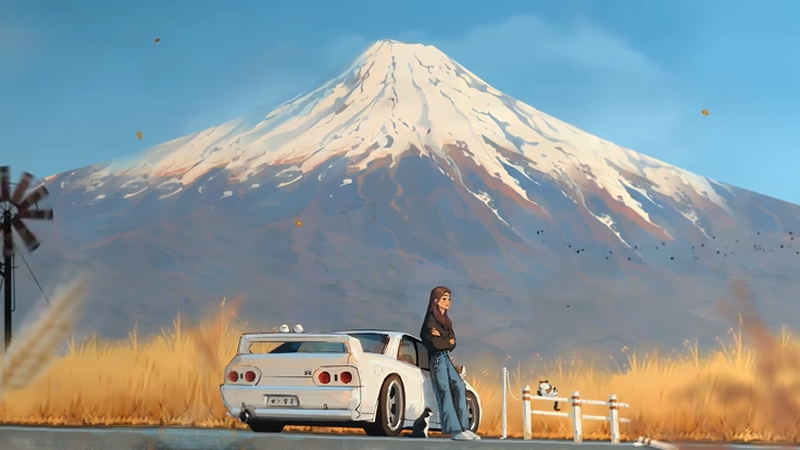 A car below a snow-capped peak